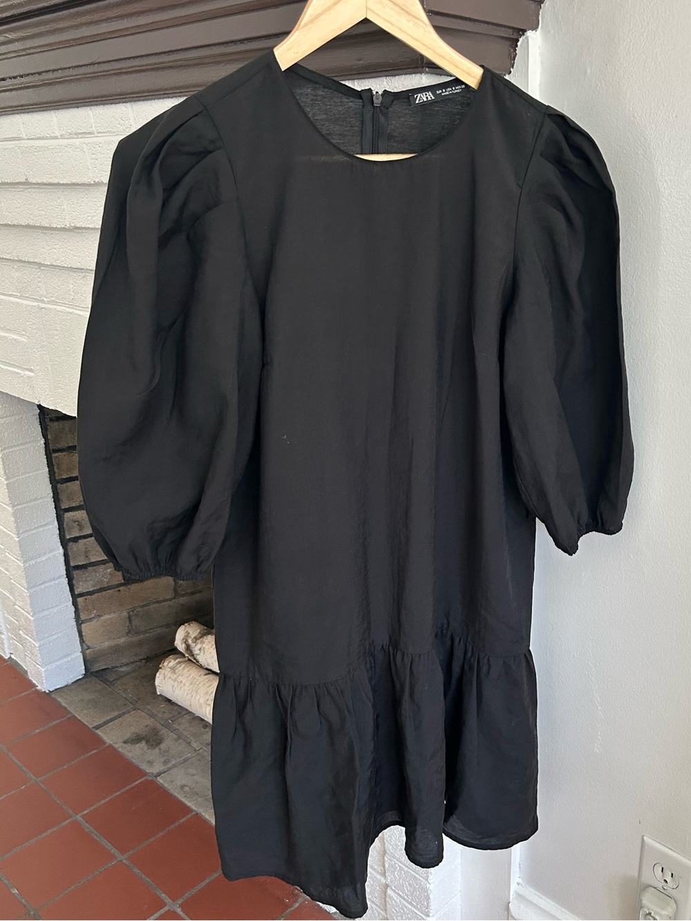 Zara Black Puff-Sleeve Tiered Mini Dress Size S